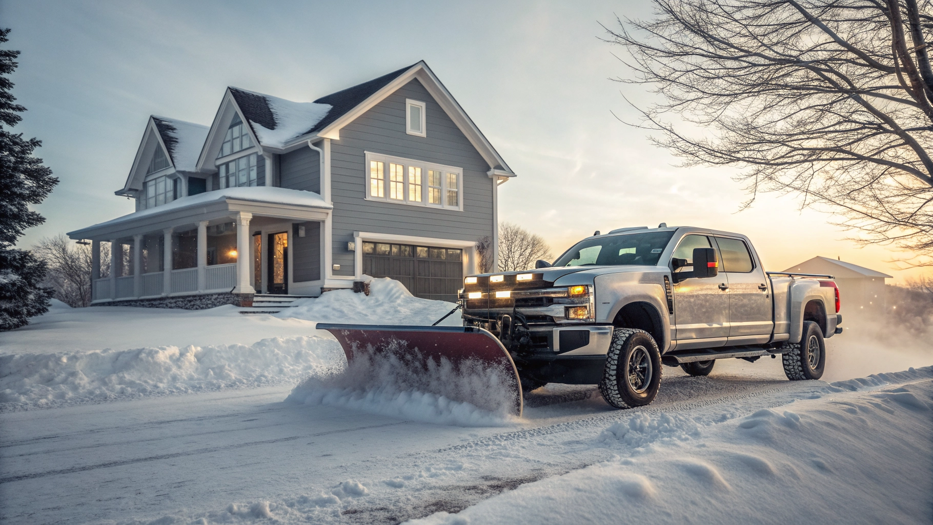 Snow plowing pickup truck clearing a residential driveway during winter