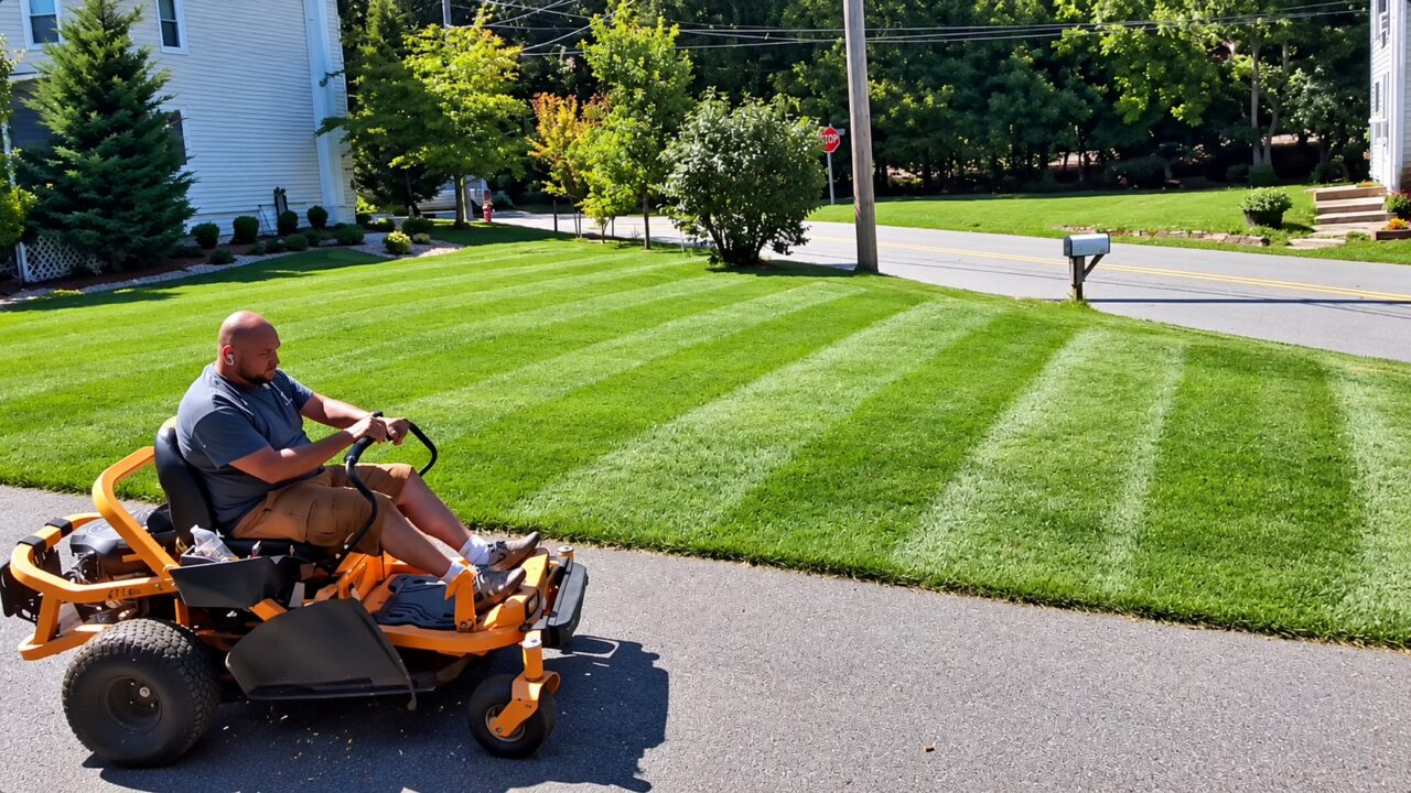 L&M Cut and Plow operator on a zero-turn mower beside a freshly striped lawn