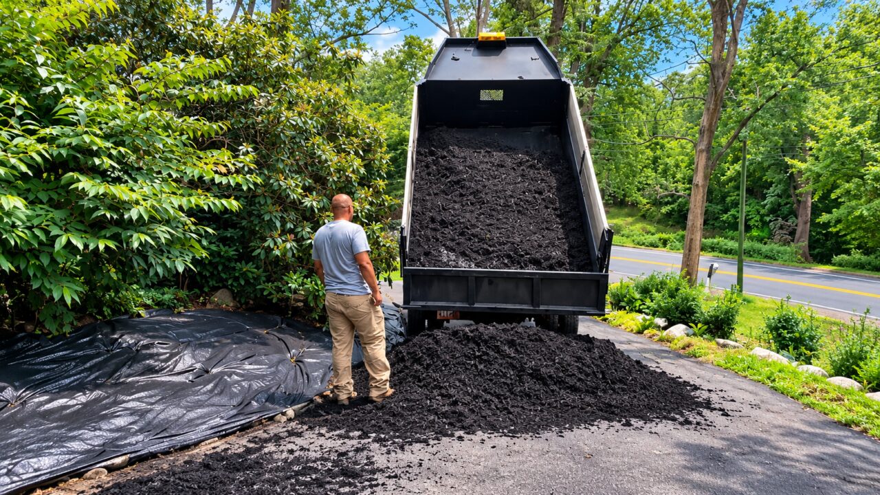 L&M Cut and Plow dump truck unloading a load of fresh mulch for installation