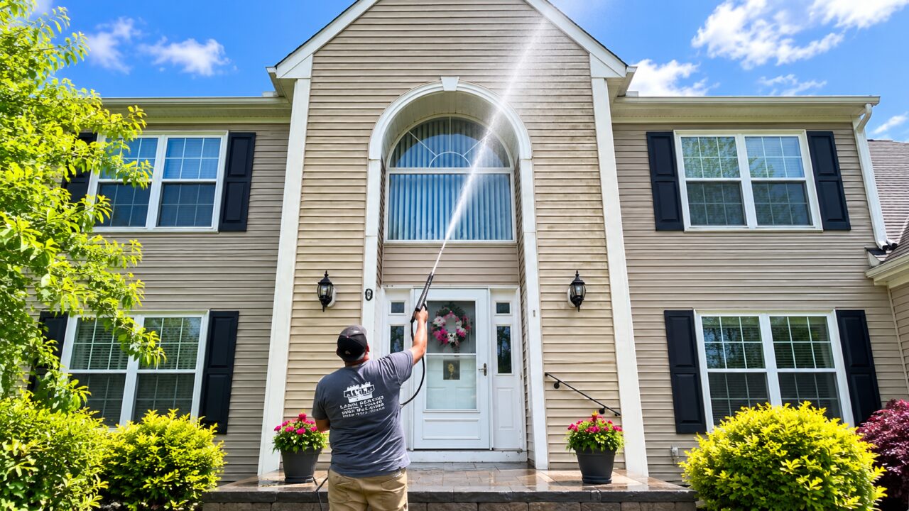 L&M Cut and Plow technician power washing the siding of a two-story home