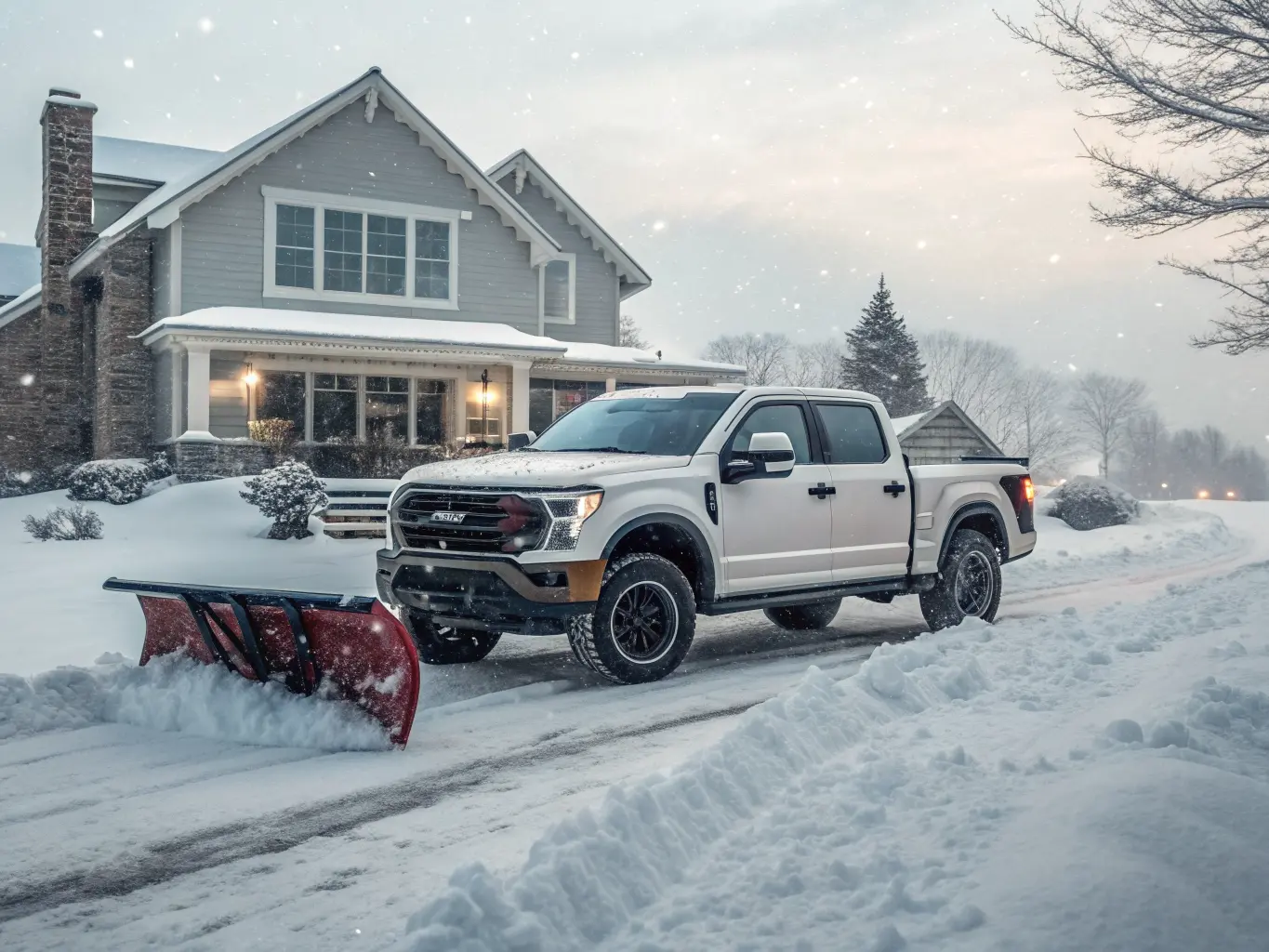 A pickup truck plowing a residential driveway during snowfall.