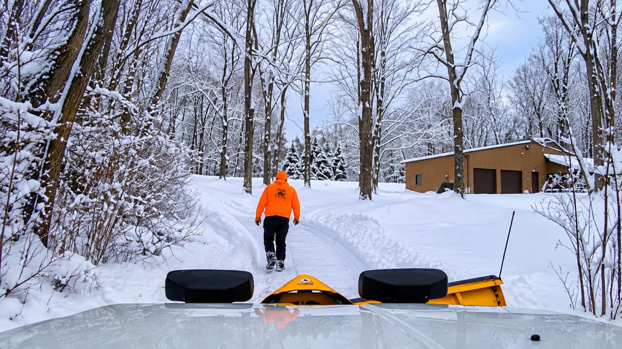 L&M Cut and Plow crew member walking a freshly plowed residential driveway ahead of the plow truck