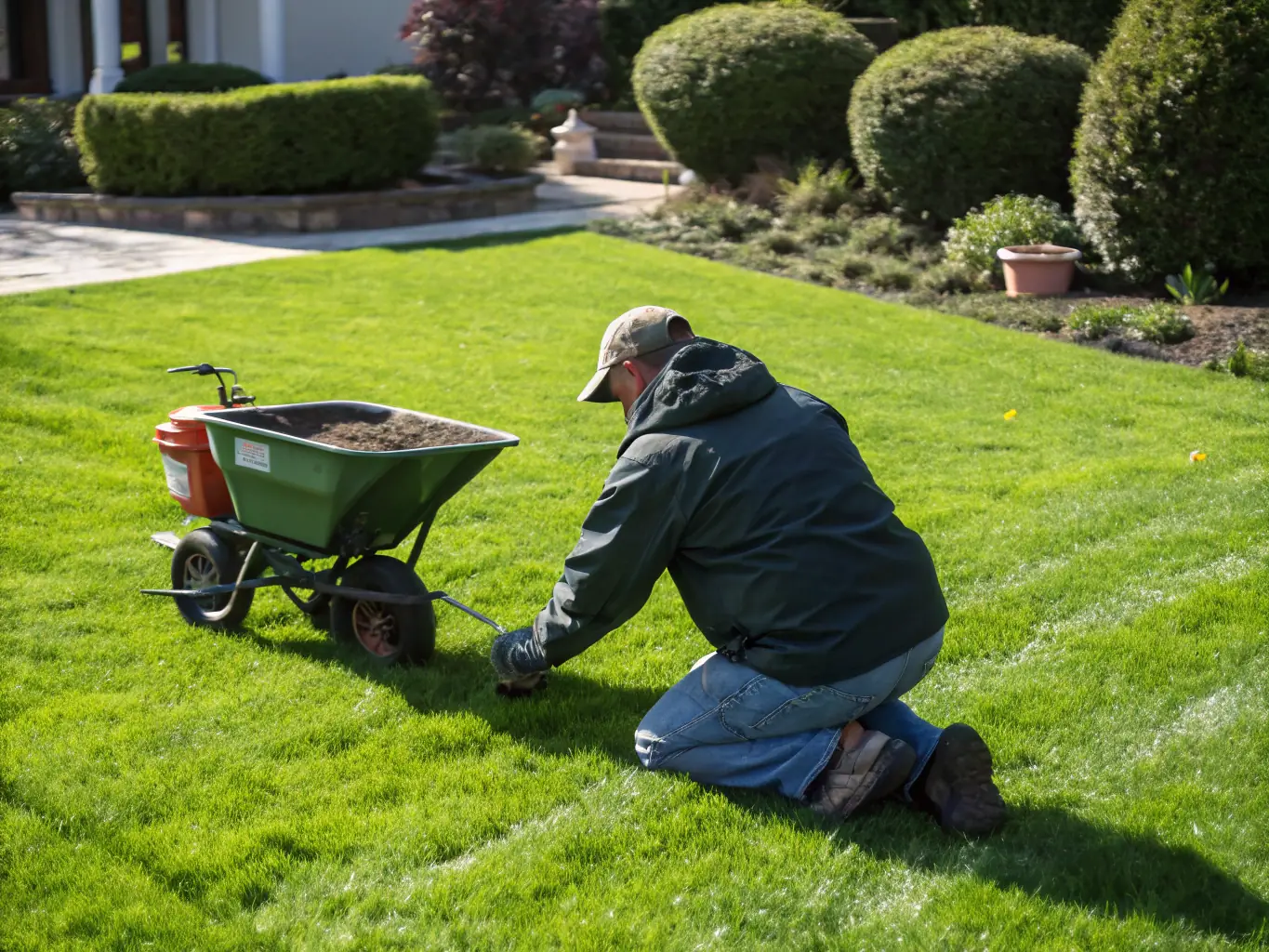 A close-up of a vibrant lawn being fertilized, showing a spreader dispensing granular fertilizer across thick, green grass, with sunlight highlighting the healthy blades, representing L&M Cut and Plow's fertilization expertise.