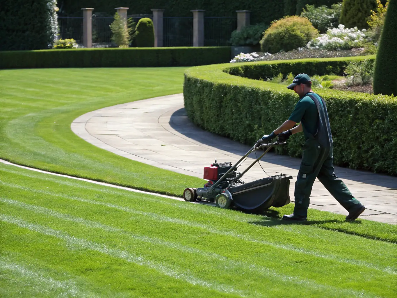 A professional landscaper mowing a lush, green residential lawn in Washington NJ, with a commercial-grade mower and neat, trimmed edges, illustrating the quality and precision of L&M Cut and Plow's mowing service.